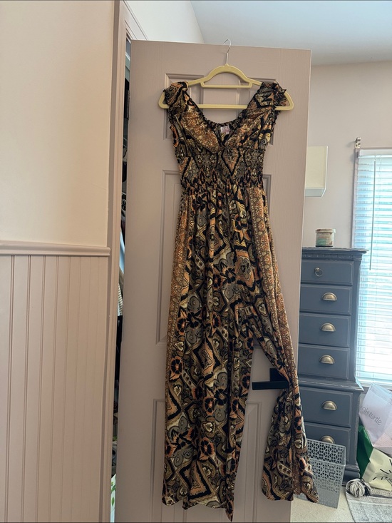 Cienna Pants - Printed V-Neck Wide Leg Jumpsuit in Brown and Black